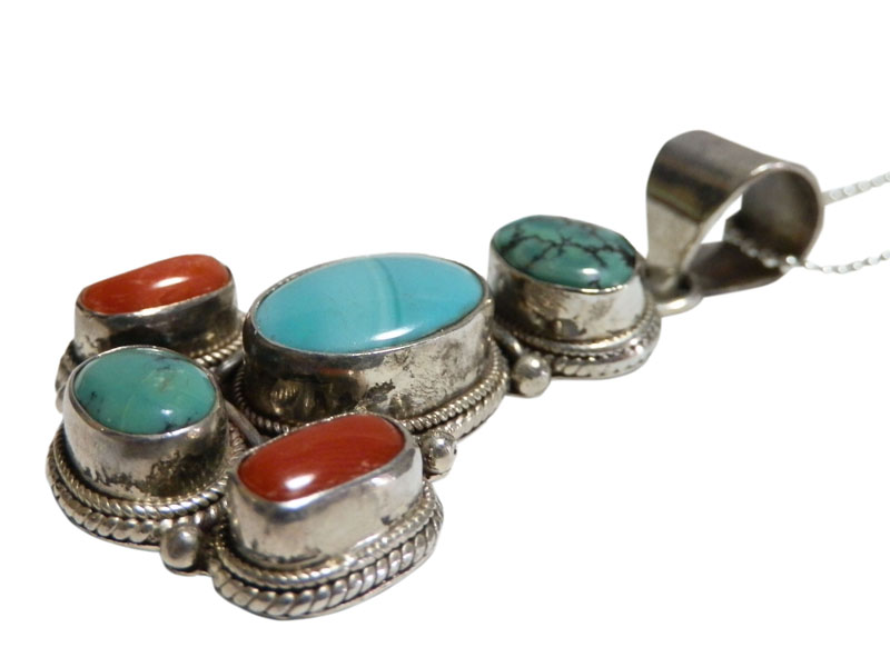 アジアン雑貨 天然石シルバーアクセサリー TSP-15 トルコ石+山サンゴネックレス