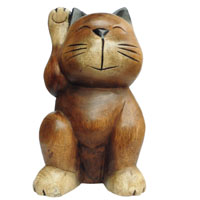 アジアン雑貨 CAT-1 木彫りネコ(招きねこ・大)