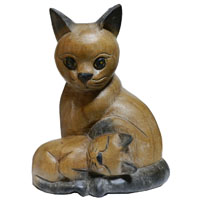 アジアン雑貨 CAT-16 ネコちゃん木彫り(ママと赤ちゃん猫)